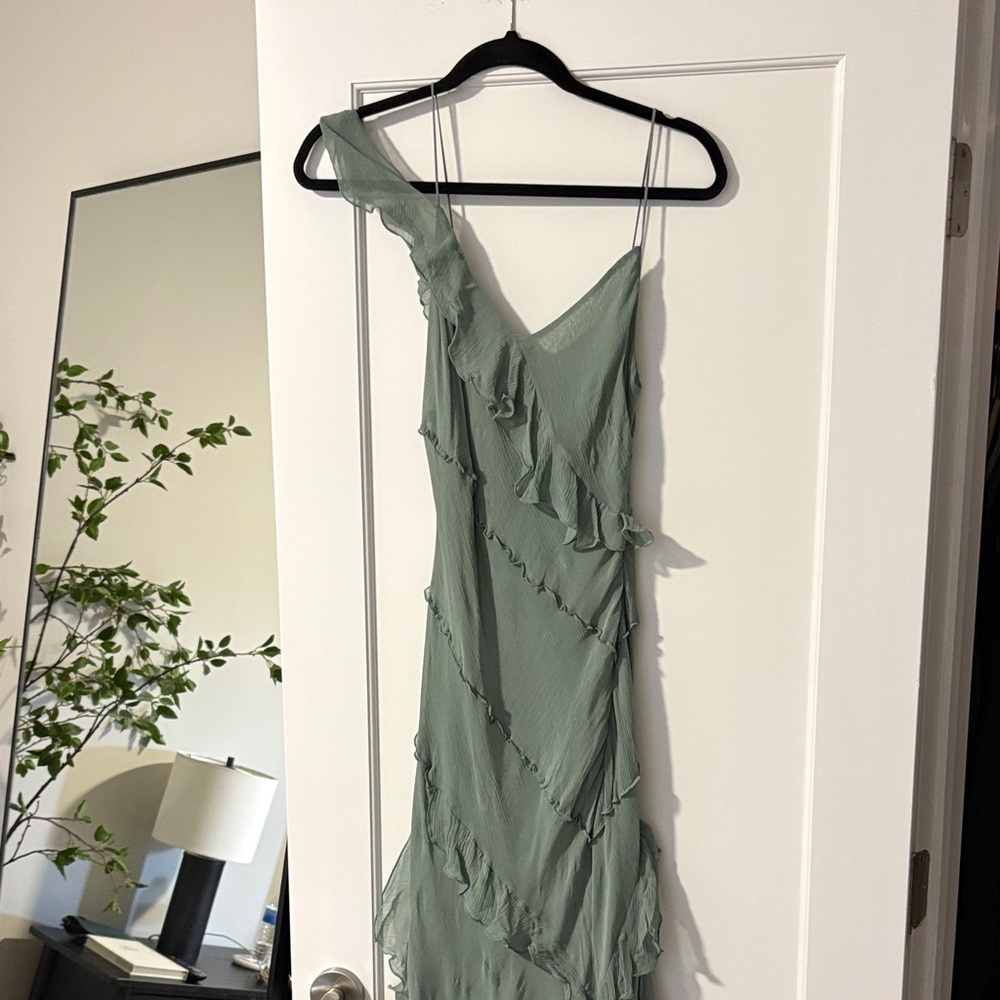 Zara One-Shoulder Ruffle Slip Dress in Sage